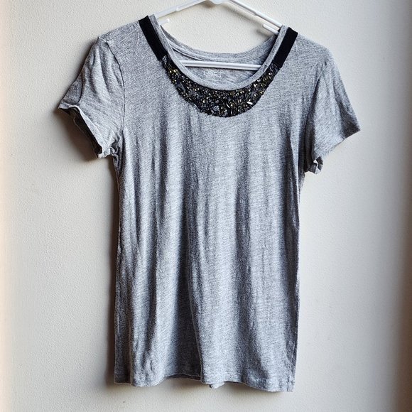 LOFT Gray Short Sleeve Jersey With Jeweled Neckline Size Small - Picture 7 of 15